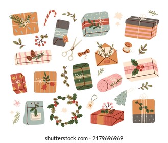 Christmas gifts in craft paper set. Beautiful presents in rustic boxes with spruce branches and thin rope. Congratulation Xmas and New Year. Cartoon flat vector collection isolated on white background