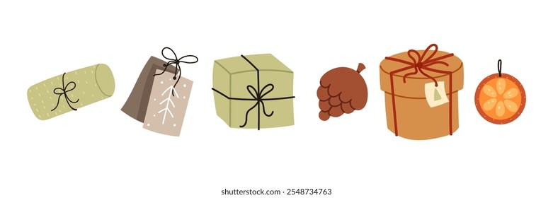 Regalos de Navidad en el conjunto de papel de artesanía. Hermosos regalos en cajas rústicas con ramas. Felicidades Navidad y Nuevo año. Colección plana del Vector de la historieta aislada en el fondo blanco