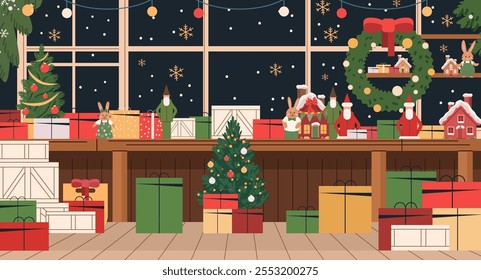 Christmas gifts and decorations festive scene colorful presents trees wreath snowy night cozy interior