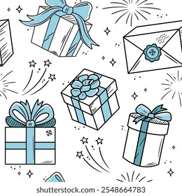 Christmas gifts doodle seamless paper. New Year's gifts and fireworks in sketch style. Blue color presents on white background.