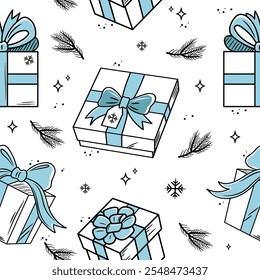 Christmas gifts doodle seamless pattern. New Year's gifts in sketch style. Blue color presents on white background.