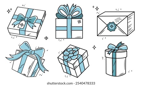 Christmas gifts doodle set. New Year's gifts in sketch style. Blue color presents.
