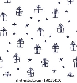 Christmas gifts doodles seamless pattern with stars. Holiday presents texture background. Hand drawn illustrations.