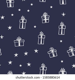 Christmas gifts doodles seamless pattern with stars. Holiday presents texture background. Hand drawn illustrations.