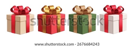 Christmas gifts elements clipart set. Christmas gift boxes clip art 3d collection with elegant ribbon tie decoration for seasonal ornaments graphic design vector illustration.
