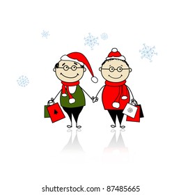 Christmas gifts. Family with shopping bags