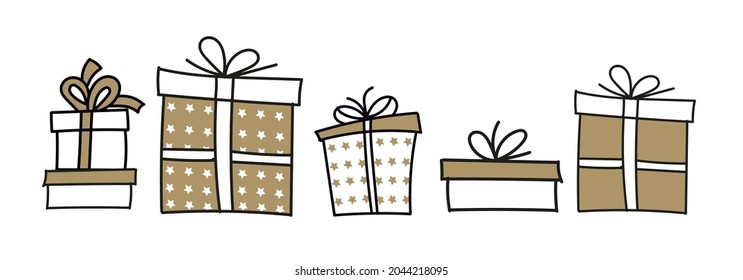 Christmas gifts. Fashionable boxes in black and gold color. Vector illustration.