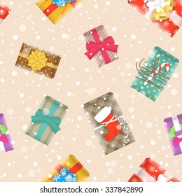 Christmas gifts festive seamless background vector pattern with scattered boxes of different hand made cute wrapped presents. Happy New Year seasonal wrapping paper design