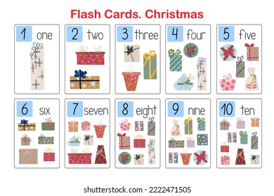 Christmas gifts flash cards topical number and vocabulary learning printable, educational English worksheet for kids, nursery, kindergarten, pre-school or leisure activity, teachers resources, games