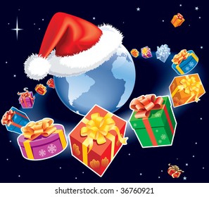 Christmas gifts are flying around earth globe with Santa Claus cap. The base map is from Central Intelligence Agency Web site.