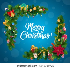 Christmas Gifts Garland Corner With Xmas Tree And Holly Berry Vector Greeting Card. Pine Branches With New Year Presents, Bell And Ribbon Bow, Candy Cane, Balls And Stocking, Calendar, Star And Lights