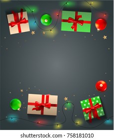 Christmas gifts, gift boxes, holiday gifts, a happy Christmas, a template for the invitation, Christmas toys, garland banner, poster. Dark background.