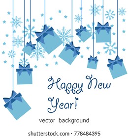 Christmas gifts with gift card and ribbon. New Year, gift box in blue tones, greeting card. Vector illustration.