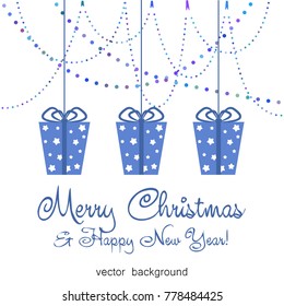 Christmas gifts with gift card and ribbon. New Year, gift box in blue tones, greeting card. Vector illustration.