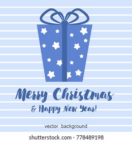 Christmas gifts with gift card and ribbon. New Year, gift box in blue tones, greeting card. Vector illustration.