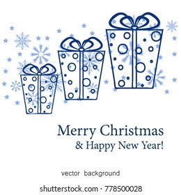 Christmas gifts with gift card and ribbon. New Year, gift box in blue tones, greeting card. Vector illustration.