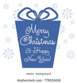 Christmas gifts with gift card and ribbon. New Year, gift box in blue tones, greeting card. Vector illustration.