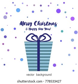 Christmas gifts with gift card and ribbon. New Year, gift box in blue tones, greeting card. Vector illustration.