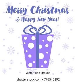 Christmas gifts with gift card and ribbon. New Year, gift box in blue tones, greeting card. Vector illustration.