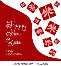 Christmas gifts with gift card and ribbon. New Year, gift box in red tones, greeting card. Vector illustration.