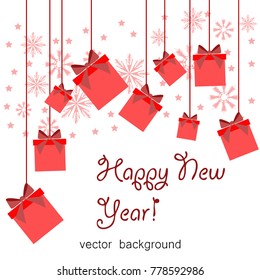 Christmas gifts with gift card and ribbon. New Year, gift box in red tones, greeting card. Vector illustration.