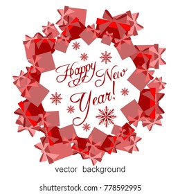 Christmas gifts with gift card and ribbon. New Year, gift box in red tones, greeting card. Vector illustration.