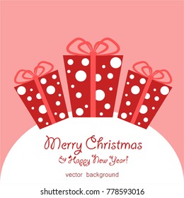 Christmas gifts with gift card and ribbon. New Year, gift box in red tones, greeting card. Vector illustration.