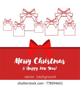 Christmas gifts with gift card and ribbon. New Year, gift box in red tones, greeting card. Vector illustration.