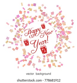Christmas gifts with gift card and ribbon. New Year, gift box in red tones, greeting card. Vector illustration.