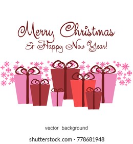 Christmas gifts with gift card and ribbon. New Year, gift box in red tones, greeting card. Vector illustration.