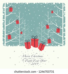 Christmas gifts hanging on branches in the forest. On the snow there gift boxes. The phrase merry Christmas and happy new year and numbers 2,0,1,9