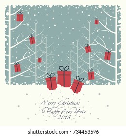 Christmas gifts hanging on branches in the forest. On the snow there gift boxes. The phrase merry Christmas and happy new year and numbers 2,0,1,8