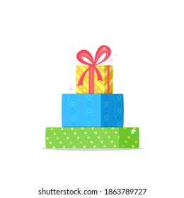 Christmas gifts icon. Flat vector symbol of three decorated christmas presents with red ribbon on the upper yellow box. Holiday symbol isolated on white background
