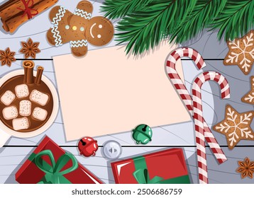 Christmas Gifts, Jingle Bells, Candy Canes, Hot Chocolate, Ginger Bread Man and Snow Flake Cookies, Cinnamon, Star Anise, Pine Tree Branches with Blank Paper for Copyspace on Rustic Wooden Surface