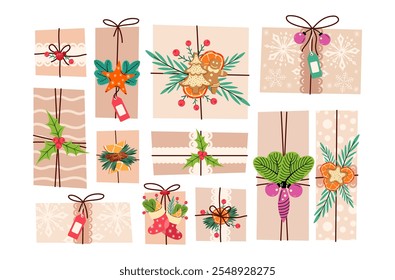 Christmas gifts in kraft paper boxes set. DIY rustic presents with craft wrapping, twine bows, branches. Decorated Christmas cookies, orange and holly. Winter festive background. Vector illustration.