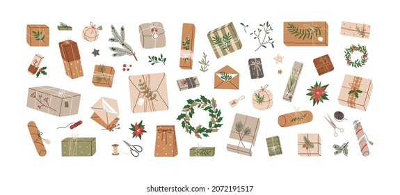 Christmas gifts in kraft paper set. DIY rustic present boxes in craft wrappings with twine bows and branches, Xmas wreaths, envelopes. Colored flat vector illustrations isolated on white background