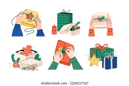 Christmas gifts in kraft paper set. Girl is holding box in her hands. Female hands wrapping gift. Box decorated with Christmas elements. Colored flat vector illustrations isolated on white background