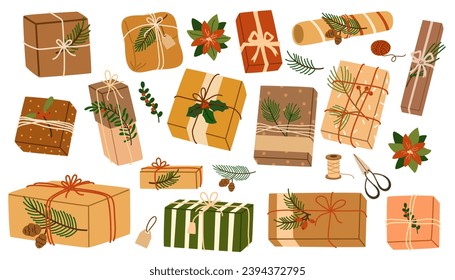 Christmas gifts in kraft paper set. Gift boxes DIY rustic present boxes in craft wrappings with twine bows and branches, Xmas wreaths, envelopes. Flat vector illustrations isolated on white background