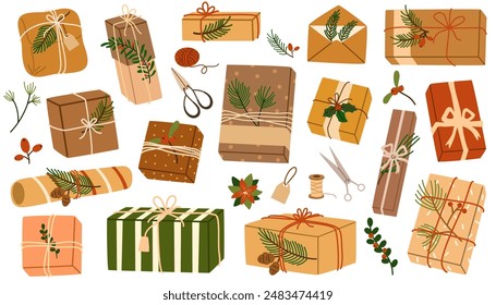 Christmas gifts in kraft paper set. DIY rustic present boxes in craft wrappings with twine bows and branches, Xmas wreaths, envelopes. Colored flat vector illustrations isolated on white background