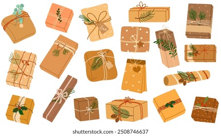 Regalos de Navidad en el juego de papel kraft. DIY rústico presentan cajas en envolturas de artesanía con lazos de hilo y ramas, coronas de Navidad, sobres. Ilustraciones vectoriales planas de colores aisladas sobre fondo blanco