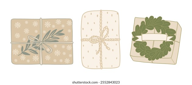 Christmas gifts in kraft paper set. Rustic present boxes in craft wrappings with twine bows and branches, Xmas wreaths, banner. Colored flat vector illustrations isolated on white background