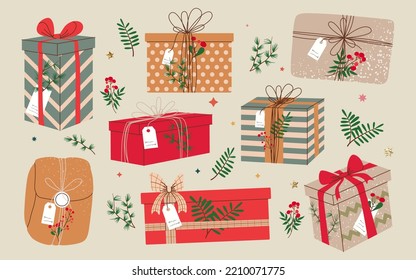 Christmas gifts in kraft paper with tag and berries. Present boxes in craft wrapping paper with bow and branches. Colored flat vector illustration isolated on beige background.