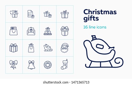 Christmas gifts line icon set. Santa Claus, sled, present box. Celebration concept. Can be used for topics like giving gifts, Xmas sale, shopping