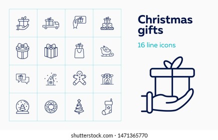 Christmas gifts line icon set. Present box, truck, shopping bag. Celebration concept. Can be used for topics like giving gifts, Xmas sale, delivery, shipping