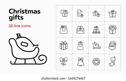 Christmas gifts line icon set. Santa Claus, sled, present box. Celebration concept. Can be used for topics like giving gifts, Xmas sale, shopping
