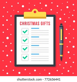 Christmas Gifts List. Clipboard With Holiday Gifts Checklist. Christmas Shopping Concept. Document With Green Check Marks And Checkboxes. Top View. Flat Design Graphic Elements. Vector Illustration