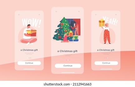 Christmas Gifts Mobile App Page Onboard Screen Template. Happy Family Celebration, Kids Open Presents, Celebrate Eve at Home near Tree, Winter Holidays Concept. Cartoon People Vector Illustration
