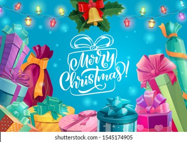 Christmas gifts and New Year festive lights vector greeting card. Present boxes, decorated with Xmas bell and holly berry branch, ribbon bows, hearts and stars. Xmas holidays design