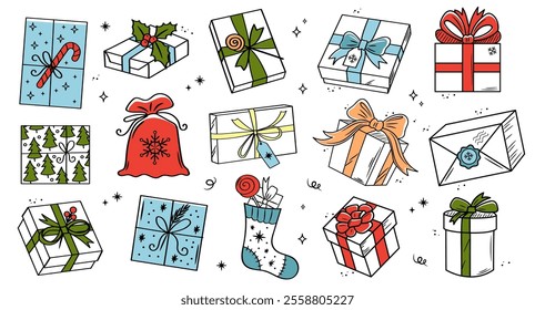 Christmas gifts. New Year packaging. Colorful boxes bow, gift bag, Christmas sock. Vector set of doodle elements. 