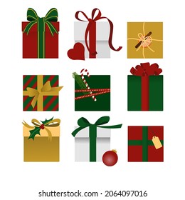 Christmas gifts, nine separated presents in a square in Christmas colors red green golden decorated with ribbon, mistletoe, holly. Vector square with boxes icons. White background.